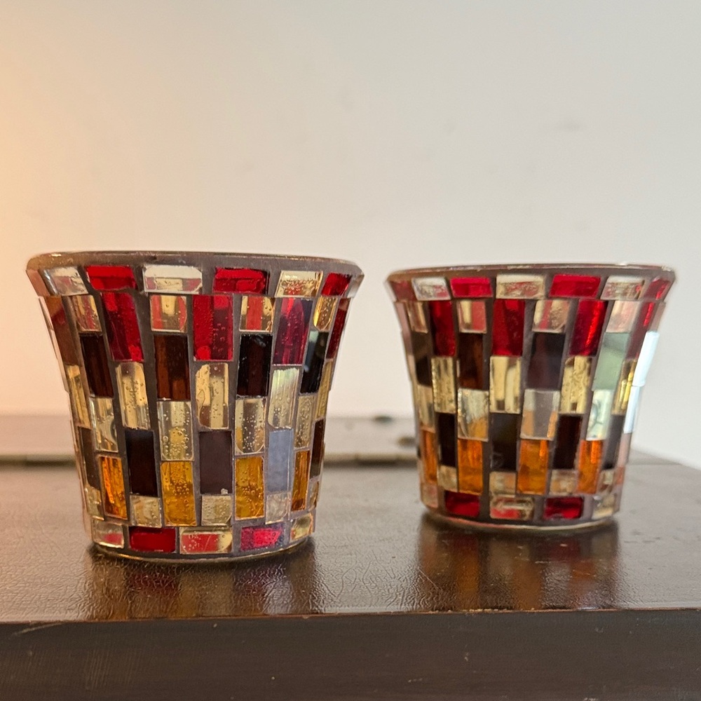 Yankee Candle Mosaic Glass Candle Holders - Red, Gold, and Brown